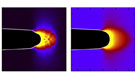 Two depictions of a simulation of crack initiation in a metallic glass.