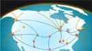 Global view of north america with connecting dots running across
