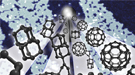Diamondoids, the square cages at left, and buckyballs, the soccer-ball shapes at right create “buckydiamondoids,” center.