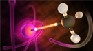 In this illustration of a severed methyl iodide molecule, electrons jump the gap from one fragment containing carbon and hydrogen atoms (right) to the other fragment, which contains an iodine atom (left). 
