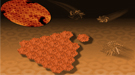 This illustration shows how hexagonal bacterial proteins (shown as ribbon-like structures at right and upper right) self-assemble into a honeycomb-like tiled pattern (center and background).