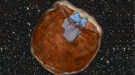 Simulation of the expanding debris from a supernova explosion (shown in red) running over and shredding a nearby star (shown in blue).