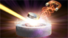 In this artistic rendering, a magnetic pulse (right) and X-ray laser light (left) converge on a high-temperature superconductor to study the behavior of its electrons.