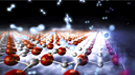 A new study reveals how coordinated motions of copper (red) and oxygen (grey) atoms in a high-temperature superconductor boost the superconducting strength of pairs of electrons (white glow), allowing the material to conduct electricity without any loss at much higher temperatures. 