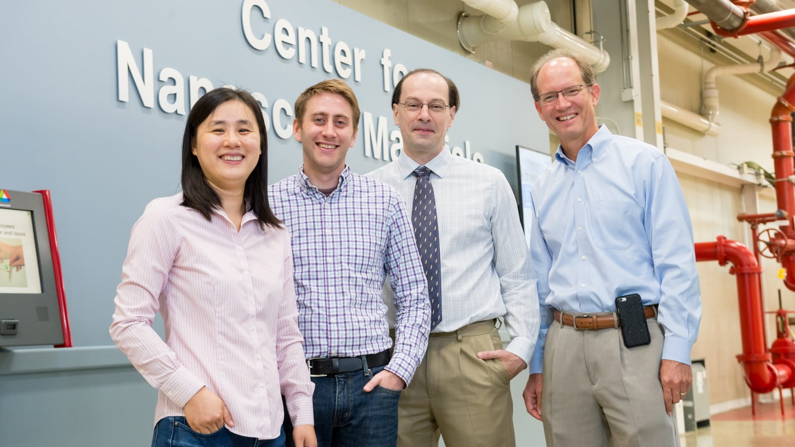 Scientists at Argonne, the University of Chicago and Northwestern University have moved quantum optic networks a step closer to reality with their latest work on semiconducting nanoplatelets that act as tiny light switches. The Argonne team is pictured here. Left to right: Xuedan Ma, Benjamin Diroll, Richard Schaller and Gary Wiederrecht. (Image by Argonne National Laboratory.)