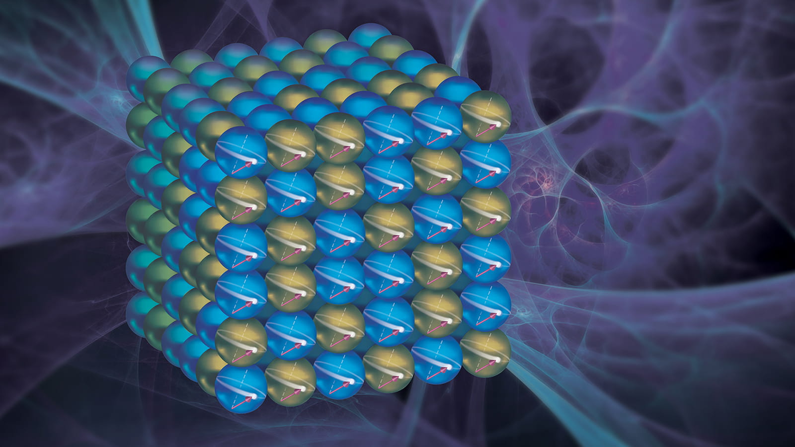 Six by six by six cube of blue spheres and gold spheres with an energy like background