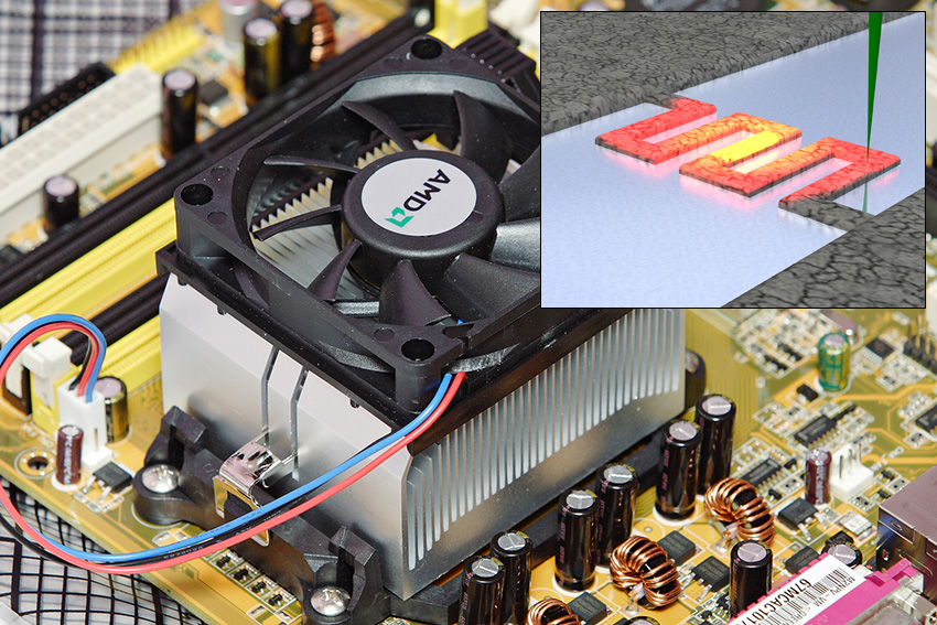 Fan-cooled heat sink on a microprocessor.