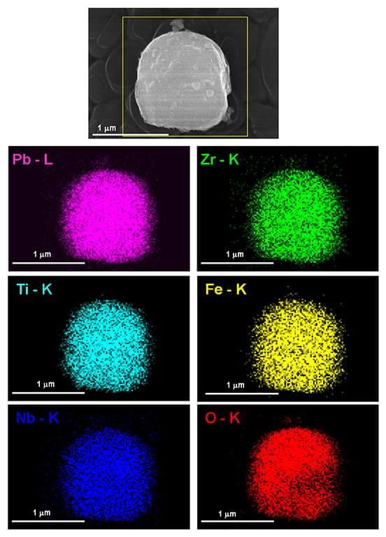 Using a scanning electron microscope, the identity of individual elements that make up a single grain of a material can be mapped from the x-rays emitted by the interactions of high energy electrons with the material.