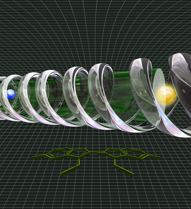 A clear coil with a yellow particle inside on a black background.