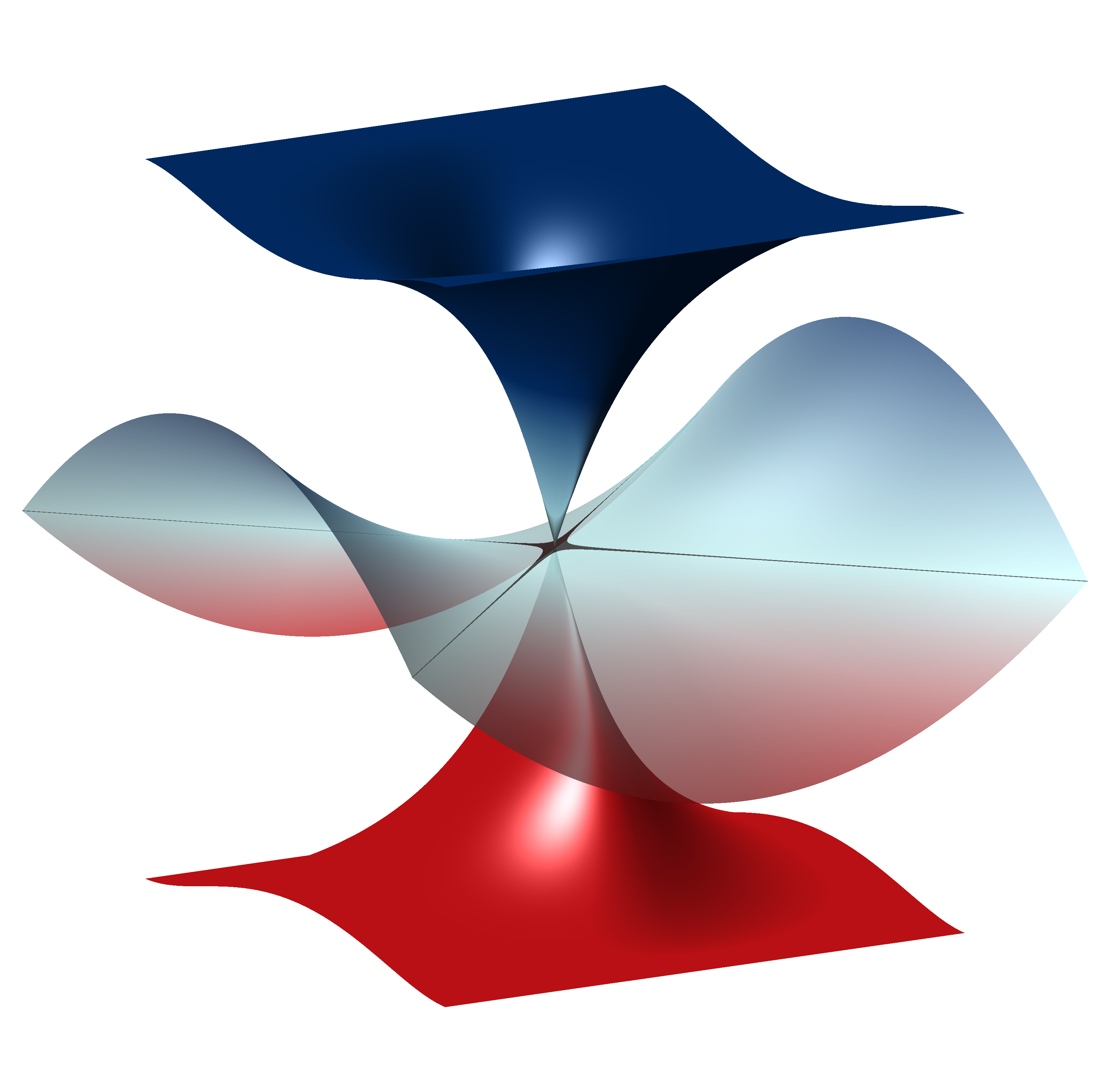 A navy waved fluted tunnel connected to a red waved fluted tunnel intersecting at the tips with a waved sheet of gray.