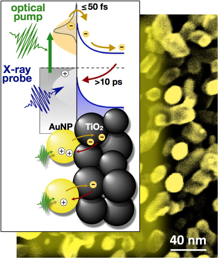 Flowchart with nine dark gray spheres clumped, on top of a graphic of yellow particles with a black background.