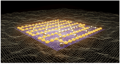 An artist’s impression of a quantum electrodynamics simulation using 100 qubits of an IBM quantum computer. The spheres and lines denote the qubits and connectivity of the IBM quantum processor; gold spheres denote the qubits used in the simulation.